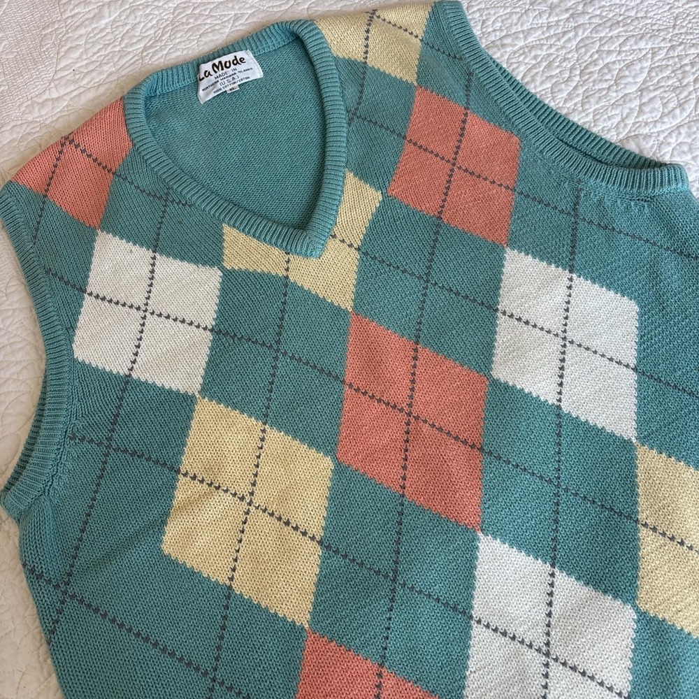 Vintage Pastel Argyle Sweater Vest Men's SZ XL Grandpacore Preppy Professor USA